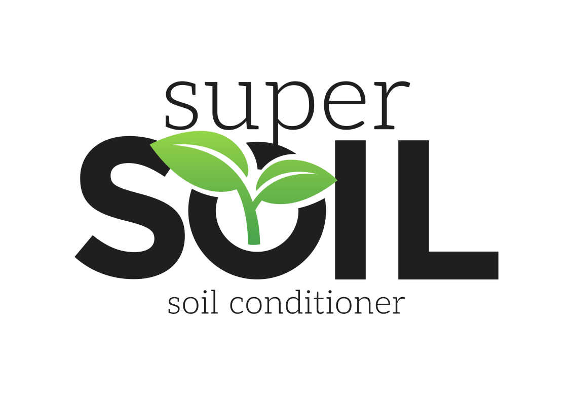 Super Soil Soil Conditioner Logo - words with a green leaf.