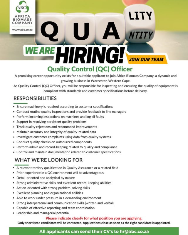 Qc officer - worcester, western cape 2 Nuwe pos qc officer