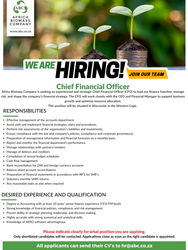 Chief financial officer - worcester, western cape 2 Cfo