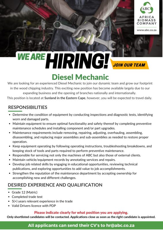 Diesel mechanic - sunlands, eastern cape 2 Diesel mechanic ec