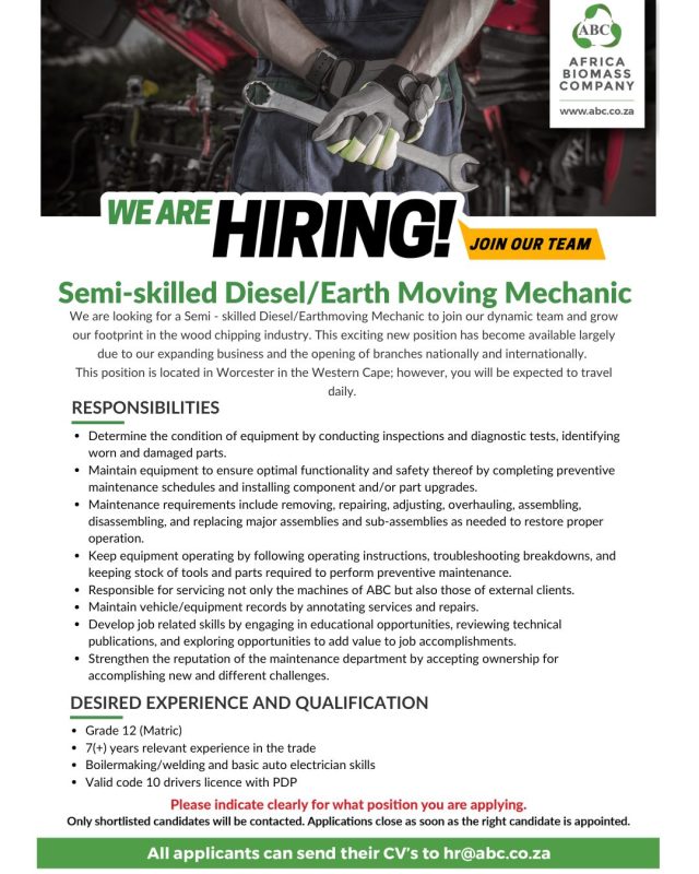 Semi-skilled diesel/earth moving mechanic - worcester, western cape 2 New mechanic
